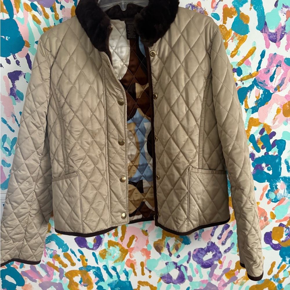 Coach Quilted Beige Jacket with real fur collar